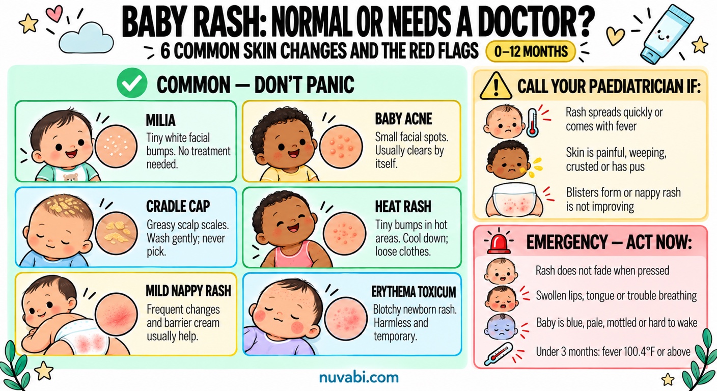 Baby rash guide showing six common skin conditions and signs that need medical attention