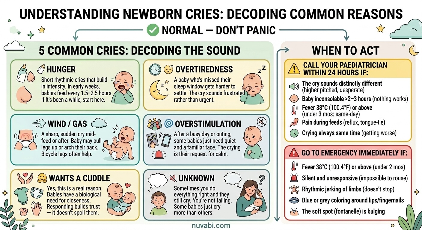 Why Is My Baby Crying? The 5 common cries and when to act — infographic by Nuvabi