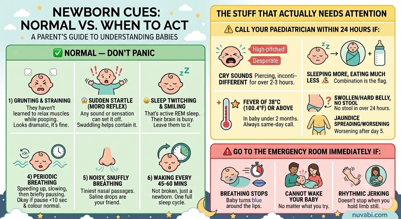 Understanding Newborn Sleep: Normal Patterns vs. Distress Cues infographic